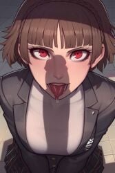 ahe_gao ai_generated asura_(ai_style) big_penis brown_hair dark-skinned_male dark_skin huge_cock makoto_niijima open_mouth penis_awe penis_shadow persona persona_5 red_eyes saliva silhouette tongue tongue_out wanuze