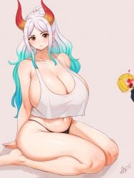 artist_request big_breasts black_thong casual cleavage female female_focus heart_eyes horns male no_pants nosebleed one_piece panties sideboob tank_top tanktop thong vinsmoke_sanji yamato_(one_piece)