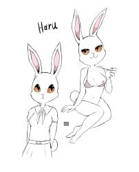 anthro beastars belt bottomwear bra breasts clothed clothing cotton_tail digital_media_(artwork) domestic_rabbit dwarf_rabbit english_text female fur haru_(beastars) hi_res lagomorph leporid looking_aside mammal nipple_slip nipples oryctolagus partially_clothed purple_clothing rabbit school_uniform simple_background skirt solo spec_almond_(artist) text underwear uniform white_body white_fur