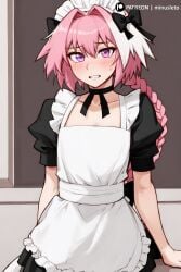 2024 ai_generated astolfo_(fate) blush bow fate/grand_order fate_(series) femboy indoors maid minusleto multicolored_hair open_mouth pink_hair stable_diffusion white_hair