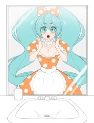 blue_eyes blue_hair blush dress hair_ribbon hatsune_miku lipstick looking_in_mirror mirror nail_polish pearl_necklace post_transformation sealguy sink soap surprised surprised_expression sweatdrop twintails vocaloid