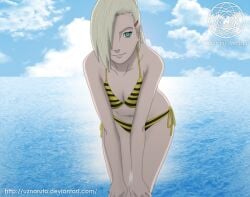 1girls artist_name bare_arms bare_legs bent_over bikini bikini_bottom bikini_top blonde_hair blue_eyes breasts cleavage deviantart_username female hands_on_own_knees ino_yamanaka light-skinned_female light_skin naruto naruto_(series) naruto_shippuuden navel ponytail revealing_clothes smile solo solo_focus striped_bikini swimsuit text thighs url very_long_hair watermark web_address