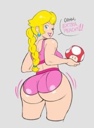 alternate_hairstyle ass ass_expansion ass_shake blonde_hair blue_eyes booty_shorts braided_ponytail bubble_butt buttholemagick huge_ass mario_(series) mushroom princess_peach shorts super_mario_bros. super_mushroom wink