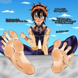 1boy barefoot censored dialogue erection feet foot_fetish jerking_off_hand_motion joi jojo's_bizarre_adventure male male_only narancia_ghirga penis randomy_project solo solo_male text