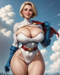 ai_generated alien alien_girl barely_contained_breasts big_breasts blonde_hair boob_window breasts busty cape cleavage_cutout dc dc_comics hourglass_figure kara_zor-l karen_starr kryptonian large_breasts lipstick looking_at_viewer power_girl short_hair smile solo superheroine superman_(series) thigh_gap tight_clothing zaloran