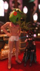 1boy 1girls au_ra before_sex covered_eyes eye_censor faceless_male final_fantasy_xiv hyur irritated kappa laughing looking_at_penis mascot_head nude scales tail