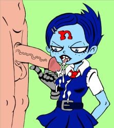 1boy 1girls anonymanonymus big_penis blue_eyes blue_hair blue_skin clothed clothing crash_(series) cum cum_in_mouth cum_on_clothes cum_on_tongue fellatio female male mechanical_arms nina_cortex school_uniform schoolgirl skirt tie