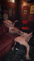 1boy 1girls alice_brookes ass blonde_hair blue_eyes breasts dominant dominant_female domination feet feet_up female grand_theft_auto grand_theft_auto_online grand_theft_auto_v heels legs male masked_male naked naked_female naked_male nipples nude nude_female nude_male nullinvoid onx stockings tattoo tattoo_on_arm tattoo_on_chest tattooed_arm tattoos thick_ass thick_thighs thighs