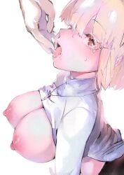 1boy 1girl arched_back arcueid_brunestud arm_support black_pantyhose blonde_hair blush breasts clothes_lift commentary_request heart heart-shaped_pupils highres jewelry licking licking_finger looking_at_viewer necklace nipples numuhe open_mouth pantyhose red_eyes saliva saliva_on_hand saliva_trail short_hair sidelocks sweat sweater sweater_lift symbol-shaped_pupils tearing_up tongue tongue_out tsukihime tsukihime_(remake) turtleneck turtleneck_sweater upper_body white_sweater