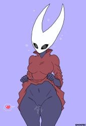 anthro black_skin bottomless brainwashing breasts bug bug_girl cloak dark_skin dress dress_lift dress_shirt female female_only femsub ghostec hollow_knight hornet_(hollow_knight) hypnosis mind_control navel pussy pussy_juice solo spiral_eyes standing symbol_in_eyes thick_thighs unusual_anatomy wide_hips
