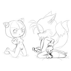 1boy 1girls bluechika breast_grab breasts cosmo_the_seedrian female fox fur furry furry_tail interspecies male masturbation monochrome multiple_tails nude penis pussy seedrian sega sketch sonic_(series) sonic_team sonic_the_hedgehog_(series) sonic_x tail tails