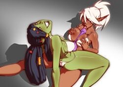 bikini black_hair blue_eyes dildo edit elf female_only goblin goblin_female green_skin licking licking_penis paizuri penis_lick penis_licking red_eyes svenners tagme titfuck titjob white_hair