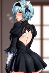 ai_generated ass black_dress blush cosplay eula_(genshin_impact) genshin_impact looking_at_viewer mansion nier:_automata one_eye puffy_lips room sweatdrop tight_ass tight_clothing yorha_2b yorha_2b_(cosplay)