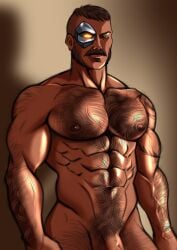 anguish_art balls bara body_hair facial_hair flaccid kano_(mortal_kombat) male male_only mortal_kombat muscles muscular mutton_chops nude penis sideburns solo solo_male