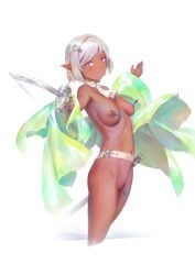 ascot belt bigrbear bottomless breasts cleft_of_venus cropped_legs dark-skinned_female dark_skin female grey_hair hair_ornament highres holding holding_sword holding_weapon labia_piercing looking_at_viewer medium_breasts navel nipple_piercing nipples open_clothes open_shirt original piercing pink_eyes pointy_ears pussy pussy_piercing short_hair solo sword uncensored weapon white_background