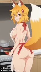 ai_generated alternate_body_type animal_ears ass covered_nipples fox_ears fox_girl fox_tail from_behind gumi_arts indoors kitchen large_breasts looking_back naked_apron senko_(sewayaki_kitsune_no_senko-san) sewayaki_kitsune_no_senko-san sideboob stable_diffusion