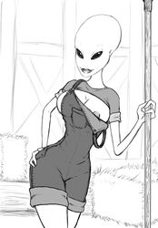 1girls alien alien_girl bald bald_female classic_alien cleavage female fleatrollus grey_alien nipples one_breast_out overalls roswell_grey