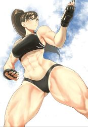 1girls abs absurdres anagumasan asian asian_female bare_hips bare_shoulders biceps big_breasts black_panties black_sports_bra borrowed_design breasts brown_eyes brown_hair chun-li commentary curvy female female_only fighting_stance gloves highres human legs_apart mixed_martial_arts muscular muscular_female obliques panties ponytail solo sports_bra street_fighter thick_thighs