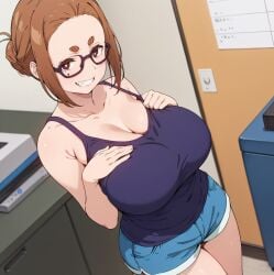 ai_generated big_breasts brown_eyes brunette_hair dolphin_shorts glasses hair_bun huge_breasts kaii_to_otome_to_kamikakushi kiwifruit0501 large_breasts looking_at_viewer mature_female milf pendulous_breasts smiling stable_diffusion sumireko_ogawa tank_top thick_female thick_thighs thighs