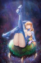 alien ass blonde_hair blue_bodysuit blue_eyes bodysuit breasts clothing_cutout female full_body highres knees_together_feet_apart large_breasts leg_up long_hair looking_at_viewer medium_breasts metroid metroid_(creature) nipples parted_lips ponytail pussy revealing_clothes samus_aran shoe_soles sidelocks skin_tight solo swept_bangs yugen99 zero_suit zero_suit_samus