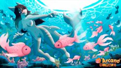 5_fingers anthozoan anthro arcanelynx biped black_hair breasts bubble claws cnidarian coral coral_reef digital_drawing_(artwork) digital_media_(artwork) digitigrade emily_(ethan2136) feet female fingers fish genitals hair long_hair lynx_arcane marine nipples nude outside pussy sea shark smile solo swimming tail teeth toes underwater vaginal_penetration water