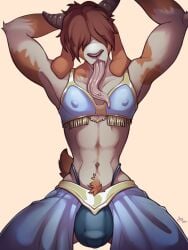 1boy anthro ave_(wispuff) belly_dancer belly_dancer_outfit bovid bra brown_body brown_fur bulge caprine clothed clothing crossdressing curved_horn floppy_ears fur genital_outline goat hair hair_over_eyes hi_res horn long_tongue male male_only mammal multicolored_body multicolored_fur nipple_outline orange_body orange_fur panties piercing tan_body tan_fur thong_straps tight_clothing tongue tongue_piercing two_tone_body two_tone_fur underwear yildunstar