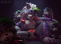 3d accurate_art_style animatronic bedroom_eyes blender breasts five_nights_at_freddy's five_nights_at_freddy's:_security_breach glowing_eyes grey_body long_hair medium_breasts nipples on_model plushie purple_lipstick red_panties red_thong robot robot_girl robot_humanoid roxanne_wolf_(fnaf) roxanne_wolf_(x3milky) thong white_hair x3milky yellow_eyes