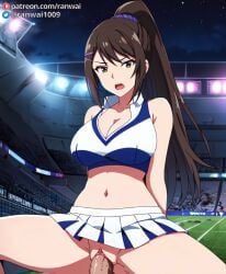 ai_generated anime bondage brown_eyes brown_hair chabashira_sae cheerleader classroom_of_the_elite cowgirl_position large_breasts ranwai sex stable_diffusion vaginal_penetration vaginal_sex youkoso_jitsuryoku_shijou_shugi_no_kyoushitsu_e