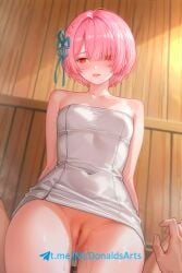 1girl 1girls ai_generated blush breasts commentary_request completely_naked completely_nude embarrassed female female_focus female_only hourglass_figure pussy pussy_juice ram_(re:zero) re:zero_kara_hajimeru_isekai_seikatsu sauna tattoo twintails very_long_hair wet zelanell