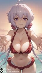 ai_generated biting_own_lip cleavage covered_nipples frilled_bikini gumi_arts long_hair looking_at_viewer low_twintails ocean outdoors outstretched_arms pov purple_eyes senki_zesshou_symphogear stable_diffusion sunset thick_thighs wet white_hair wide_hips yukine_chris