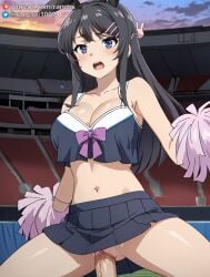 ai_generated anime azusagawa_sakuta black_hair cheerleader cheerleader_outfit cowgirl_position dark_blue_eyes large_breasts ranwai sakurajima_mai seishun_buta_yarou_wa_bunny_girl_senpai_no_yume_wo_minai sex stable_diffusion vaginal_penetration vaginal_sex