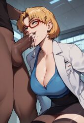 1girls ai_generated artcalypse blonde_hair breasts cum curvy dark-skinned_male dark_skin fellatio female gainax human labcoat large_breasts light-skinned_female light_skin neon_genesis_evangelion oral ritsuko_akagi scientist short_hair solo_focus thiccwithaq_(ai_style) thick_thighs wide_hips