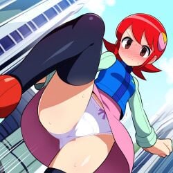 ai_generated blush dominant_female domination female femdom mayl_sakurai mega_man mega_man_battle_network nervous panties pov sakurai_meiru small_breasts stepped_on stockings thighhighs unwanted_exposure viewed_from_below