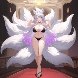 adorable ai_generated bikini bikini_bottom bikini_top breasts cute fan_character female female_focus female_only fluffy_ears fluffy_tail fox fox_ears fox_girl fox_tail kitsune kitsunemimi large_breasts long_hair multiple_tails nine_tailed_fox original original_character sexykitsune tails white_hair