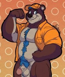 alder_(bear) anthro balls bear belly bicep_curl biceps blue_eyes blue_hair body_hair bottomless brown_body clothed clothing fur garrodor_(artist) genitals hair happy_trail hat headgear headwear humanoid_genitalia humanoid_penis looking_at_viewer male mammal musclegut muscular muscular_anthro muscular_male orange_clothing orange_hat orange_headwear orange_shirt orange_topwear pecs penis shirt simple_background smile solo topwear topwear_only