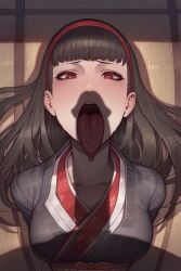 ahe_gao ai_generated amagi_yukiko asura_(ai_style) big_penis black_hair huge_cock kimono open_mouth penis_awe penis_shadow persona persona_4 red_eyes saliva silhouette tongue tongue_out wanuze