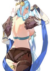 1girls alternate_costume ass asymmetrical_clothes asymmetrical_legwear azura_(fire_emblem) azura_(song's_reflection)_(fire_emblem) back back_view backboob bare_back bare_thighs big_ass black_panties breasts dancer ear_piercing female female_only fingerless_gloves fire_emblem fire_emblem_fates fire_emblem_heroes from_behind gloves hair_between_eyes light_blue_hair long_hair long_sleeves looking_at_viewer looking_back medium_breasts nintendo official_alternate_costume panties pantyhose piercing see-through sideboob smile solo thighs underwear very_long_hair white_background yellow_eyes yusi_vishnu