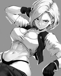 1girls abs android_18 artist_name big_breasts bracelet busty cleavage curvy dragon_ball dragon_ball_z earrings exposed_midriff missfaves monochrome muscular muscular_abs muscular_female panties pearl_necklace small_waist