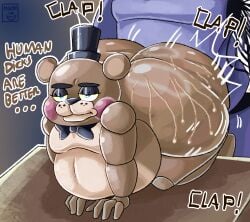 absurd_res anal anal_sex animatronic anthro ass bear big_butt bodily_fluids bow_tie clothed clothing digital_media_(artwork) duo english_text five_nights_at_freddy&#039;s five_nights_at_freddy&#039;s_2 fur hat headgear headwear hi_res huge_butt lagomorph leporid looking_at_viewer machine male male/male male_penetrated male_penetrating mammal moonix_xero nude penetration penile rabbit robot scottgames sex simple_background text thick_thighs toy_freddy_(fnaf) wide_hips withered_bonnie_(fnaf)