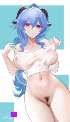 1girls big_breasts blue_hair breasts female_only female_pubic_hair ganyu_(genshin_impact) genshin_impact horns long_hair looking_at_viewer naked nipples nude omone_hokoma_agm pubic_hair purple_eyes see_through solo solo_female undressing