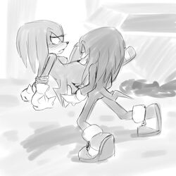 black_nose bluechika blush bound breasts carrying echidna emerald eye_contact female footwear fur furry_breasts furry_tail gloves greyscale knora_the_echidna knuckles_the_echidna looking_at_another male master_emerald monochrome nude rope rule_63 selfcest shoes smile sonic_(series) tagme tail