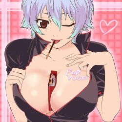 big_breasts blue_robot canon_genderswap cleavage female female_only food genderswap_(mtf) ginko_sakata gintama gintoki_sakata looking_at_viewer no_bra object_between_breasts pocky popped_collar red_eyes rule_63 sexually_suggestive smile solo tongue_out upper_body white_hair wink