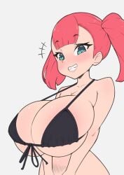 1girl 1girls bikini black_bikini blush breasts curvaceous curvy female female_only green_eyes heart hourglass_figure huge_breasts large_breasts light-skinned_female light_skin massive_breasts original original_character pov presenting_breasts red_hair smile smiling solo straight twintails whomperfruit