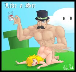 1boy 1girls classy color dapper day facial_hair female gentleman hair hat human luigi male male_focus mario_(series) monocle moustache muscles nintendo nude outdoors princess_peach retro_raul spanking super_mario_bros. tagme top_hat warp_pipe