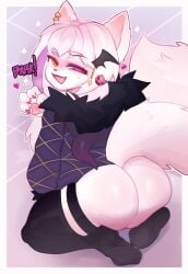 absurd_res anthro arctic_fox ass bedroom_eyes big_butt blush blush_lines bottom_heavy bottomless bottomless_anthro bottomless_male canid canine clothed clothing dialogue ear_piercing ear_ring english_text fangs femboy fox fur hair half-closed_eyes heart_symbol heterochromia hi_res hoodie huge_butt kneeling legwear looking_at_viewer looking_back looking_back_at_viewer male mammal narrowed_eyes open_mouth open_smile pawpads paws pear-shaped_figure piercing pink_pawpads punkypanda ring_piercing seductive simple_background smile solo stockings teeth text thick_thighs topwear true_fox white_body white_fur white_hair wide_hips