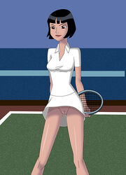 1girls ben_10 ben_10_alien_force black_hair bobsan brown_eyes female female_only innie_pussy julie_yamamoto no_panties nudity pussy skirt solo tagme tennis_uniform upskirt vagina white_skirt