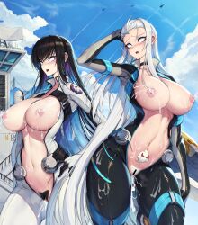 2girls arm_up armpits bar_censor black_bodysuit black_choker black_hair blank_eyes blue_eyes blue_hair blush bodysuit breasts censored choker colored_inner_hair commission cum cum_in_pussy cum_on_body cum_on_clothes female_pubic_hair highres impossible_clothes lactation large_breasts long_hair multicolored_hair multiple_girls navel nipples open_bodysuit open_clothes original outdoors pilot_suit pink_hair pubic_hair purple_eyes rodway two-tone_hair very_long_hair white_bodysuit white_hair