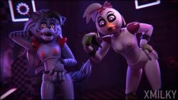 2girls 3d animatronic beak blender breasts five_nights_at_freddy's five_nights_at_freddy's:_security_breach glamrock_chica_(ashleyorange) glamrock_chica_(fnaf) hand_on_hip heart-shaped_pupils medium_breasts naked nipples nude nude_female pink_nipples pizza_slice purple_eyes purple_lipstick red_nipples robot robot_girl robot_humanoid roxanne_wolf_(fnaf) roxanne_wolf_(x3milky) white_body wolf wolf_ears wolf_girl wolf_tail x3milky