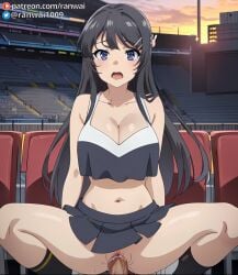 ai_generated anime azusagawa_sakuta black_hair bondage cheerleader cheerleader_outfit cowgirl_position dark_blue_eyes large_breasts ranwai sakurajima_mai seishun_buta_yarou_wa_bunny_girl_senpai_no_yume_wo_minai sex stable_diffusion vaginal_penetration vaginal_sex