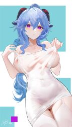 1girls big_breasts blue_hair breasts female_only ganyu_(genshin_impact) garter_straps genshin_impact horns long_hair looking_at_viewer naked nipples nude omone_hokoma_agm panties purple_eyes see_through solo solo_female stockings undressing white_stockings